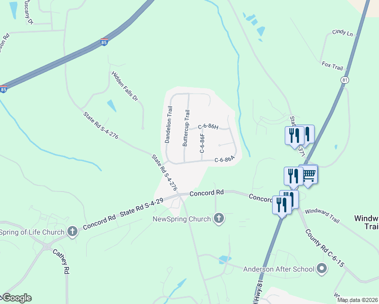 map of restaurants, bars, coffee shops, grocery stores, and more near 102 Buttercup Trail in Anderson