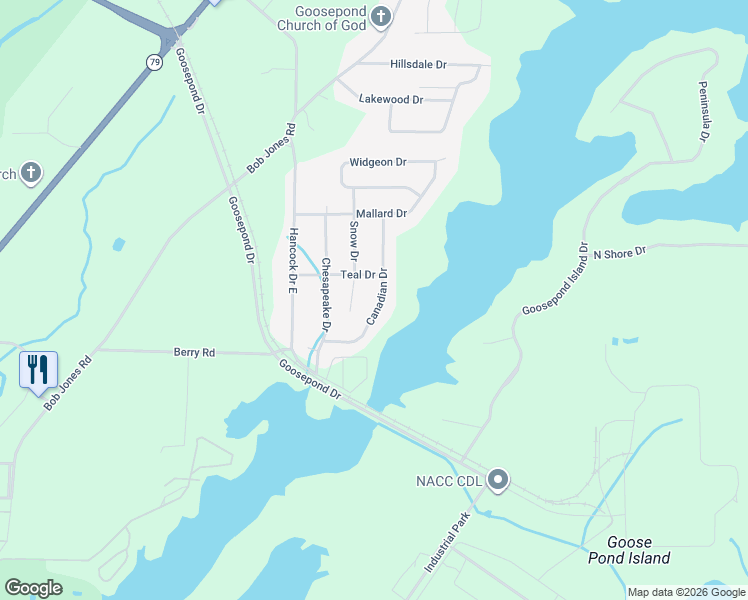 map of restaurants, bars, coffee shops, grocery stores, and more near 195 Canadian Drive in Scottsboro