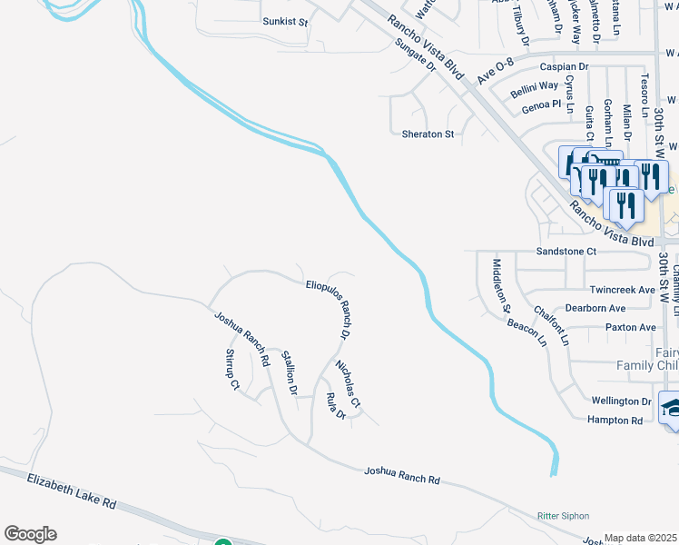 map of restaurants, bars, coffee shops, grocery stores, and more near Yianni Court in Palmdale