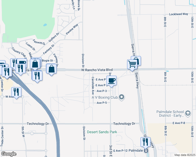 map of restaurants, bars, coffee shops, grocery stores, and more near 221 East Avenue P1 in Palmdale