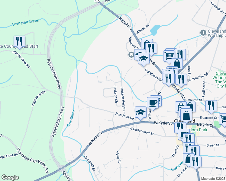 map of restaurants, bars, coffee shops, grocery stores, and more near 240 Sherrell Drive in Cleveland