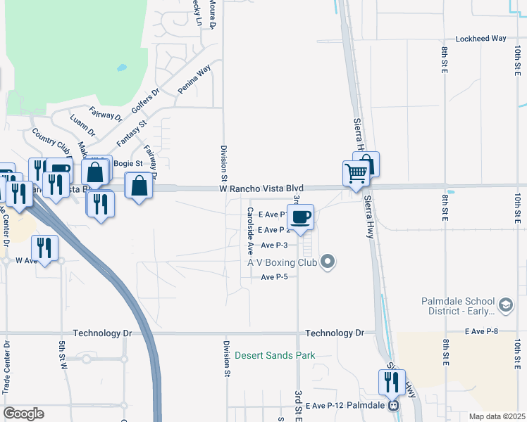 map of restaurants, bars, coffee shops, grocery stores, and more near 221 East Avenue P1 in Palmdale