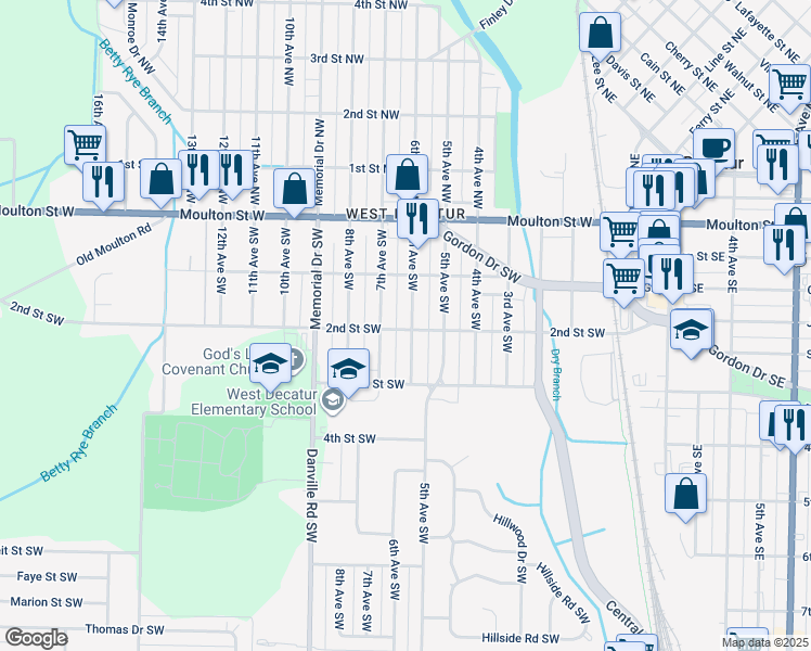map of restaurants, bars, coffee shops, grocery stores, and more near 423 6th Avenue Southwest in Decatur