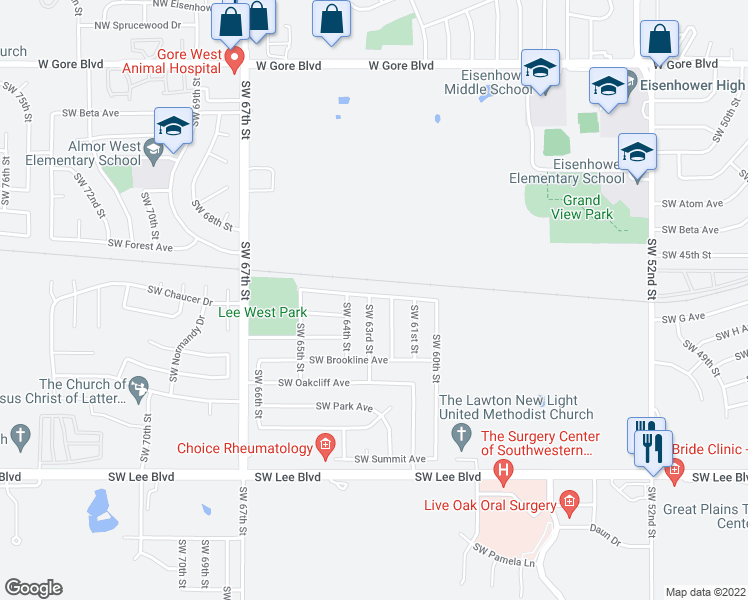 map of restaurants, bars, coffee shops, grocery stores, and more near 602 Southwest 63rd Street in Lawton