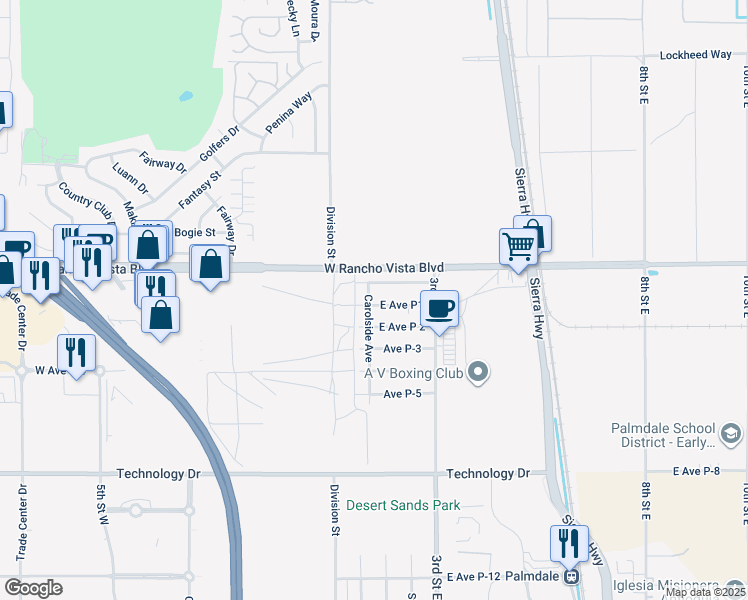 map of restaurants, bars, coffee shops, grocery stores, and more near 203 East Avenue P1 in Palmdale