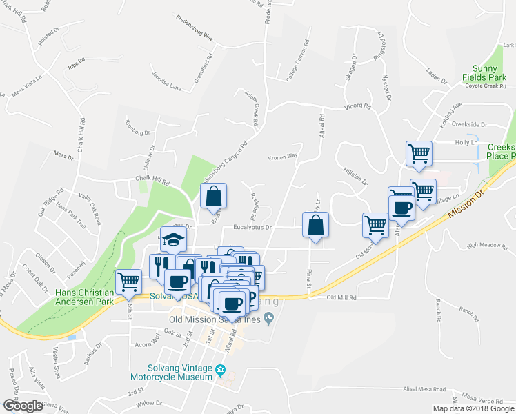 map of restaurants, bars, coffee shops, grocery stores, and more near 699 Floral Drive in Solvang