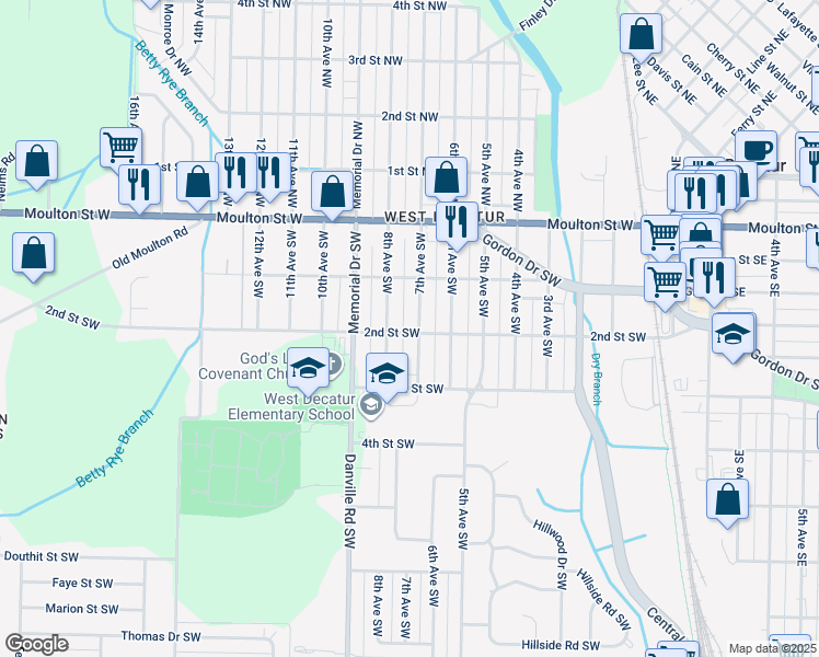 map of restaurants, bars, coffee shops, grocery stores, and more near 423 7th Avenue Southwest in Decatur