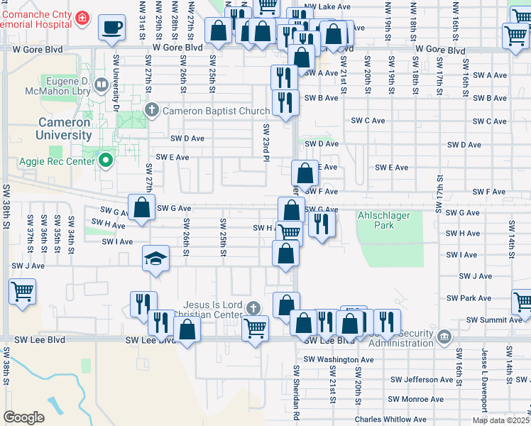 map of restaurants, bars, coffee shops, grocery stores, and more near 2324 Southwest G Avenue in Lawton