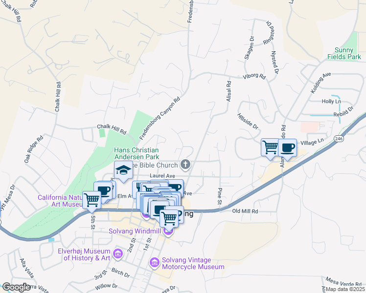map of restaurants, bars, coffee shops, grocery stores, and more near Floral Drive & Roskilde Road in Solvang