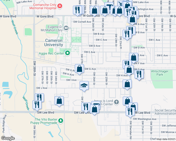 map of restaurants, bars, coffee shops, grocery stores, and more near 2612 Southwest G Avenue in Lawton