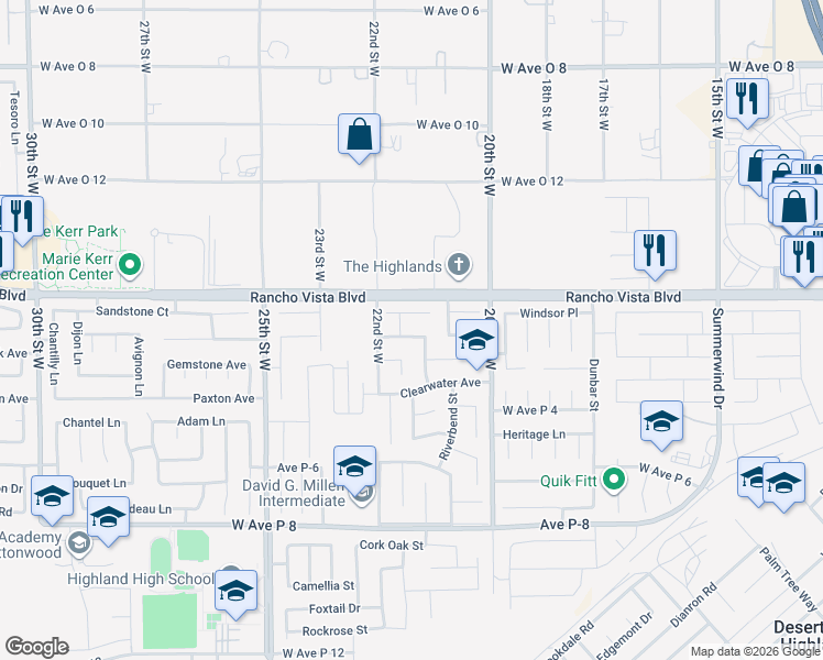 map of restaurants, bars, coffee shops, grocery stores, and more near 2131 Willowbrook Avenue in Palmdale