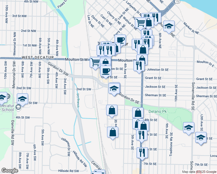 map of restaurants, bars, coffee shops, grocery stores, and more near 211 Gordon Drive Southeast in Decatur