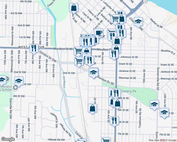 map of restaurants, bars, coffee shops, grocery stores, and more near 201 Gordon Drive Southeast in Decatur