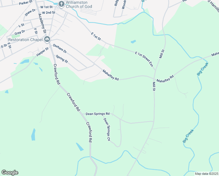 map of restaurants, bars, coffee shops, grocery stores, and more near 225 Mahaffey Road in Williamston