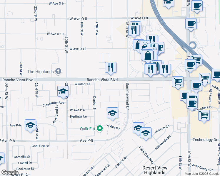 map of restaurants, bars, coffee shops, grocery stores, and more near 1605 Kings Road in Palmdale
