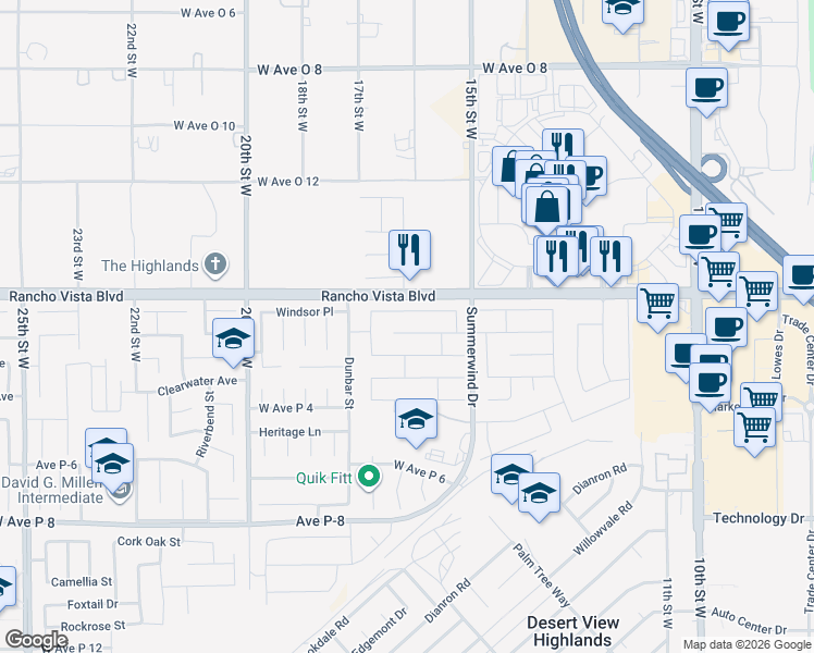 map of restaurants, bars, coffee shops, grocery stores, and more near 1605 Kings Road in Palmdale