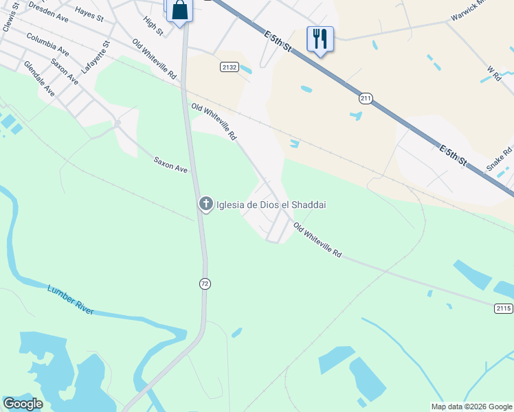 map of restaurants, bars, coffee shops, grocery stores, and more near 800 Old Whiteville Road in Lumberton