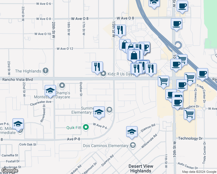 map of restaurants, bars, coffee shops, grocery stores, and more near 1521 Kings Road in Palmdale