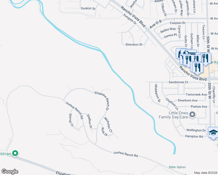 map of restaurants, bars, coffee shops, grocery stores, and more near 39625 Yianni Court in Palmdale
