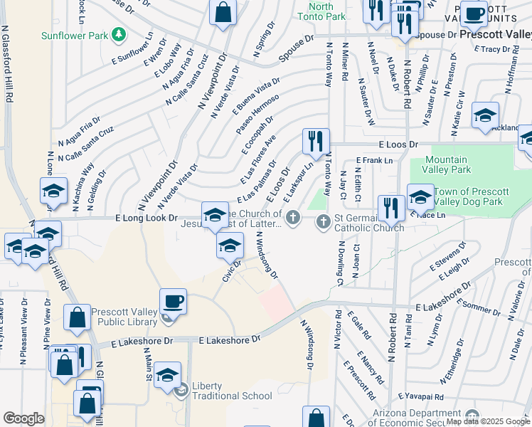 map of restaurants, bars, coffee shops, grocery stores, and more near 7711 East Loos Drive in Prescott Valley