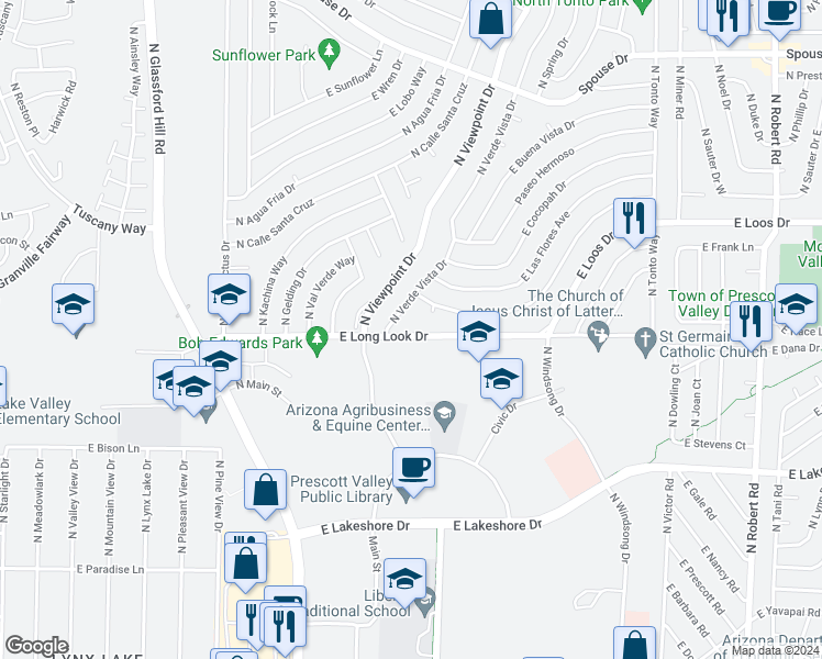 map of restaurants, bars, coffee shops, grocery stores, and more near 7400 East Long Look Drive in Prescott Valley