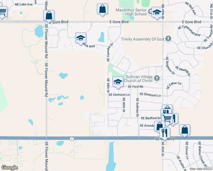 map of restaurants, bars, coffee shops, grocery stores, and more near 621 Southeast 38th Street in Lawton