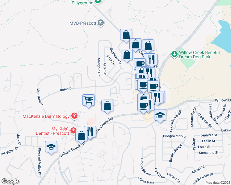 map of restaurants, bars, coffee shops, grocery stores, and more near 3266 Orchid Way in Prescott