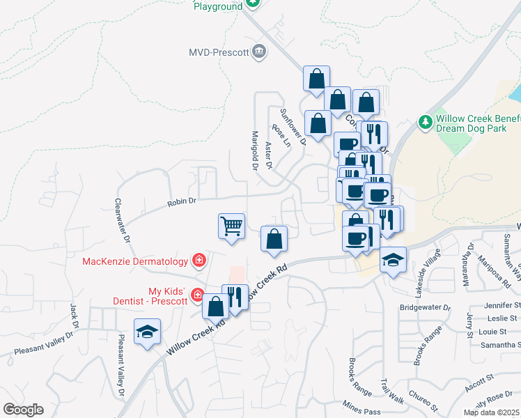 map of restaurants, bars, coffee shops, grocery stores, and more near 1205 Sandretto Drive in Prescott