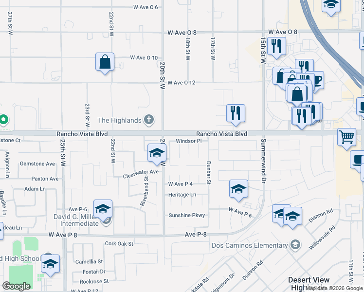 map of restaurants, bars, coffee shops, grocery stores, and more near 39550 Rowan Court in Palmdale