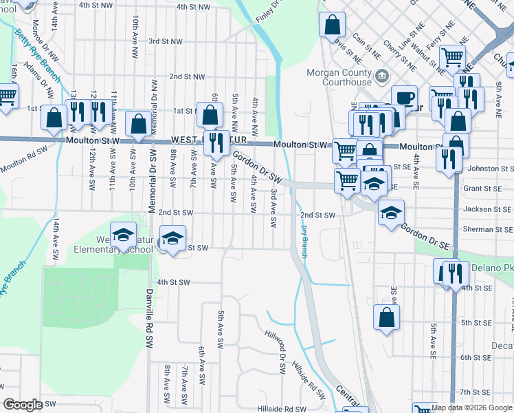 map of restaurants, bars, coffee shops, grocery stores, and more near 424 4th Avenue Southwest in Decatur