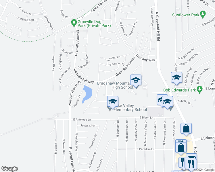 map of restaurants, bars, coffee shops, grocery stores, and more near 6417 East Newgate Street in Prescott Valley