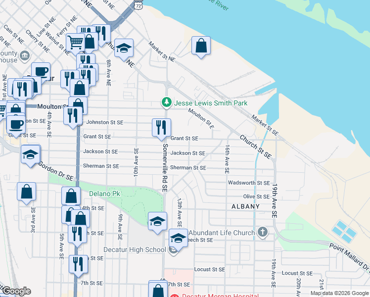 map of restaurants, bars, coffee shops, grocery stores, and more near 1211 Jackson Street Southeast in Decatur