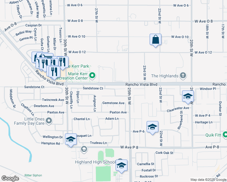 map of restaurants, bars, coffee shops, grocery stores, and more near 2604 Sandstone Court in Palmdale