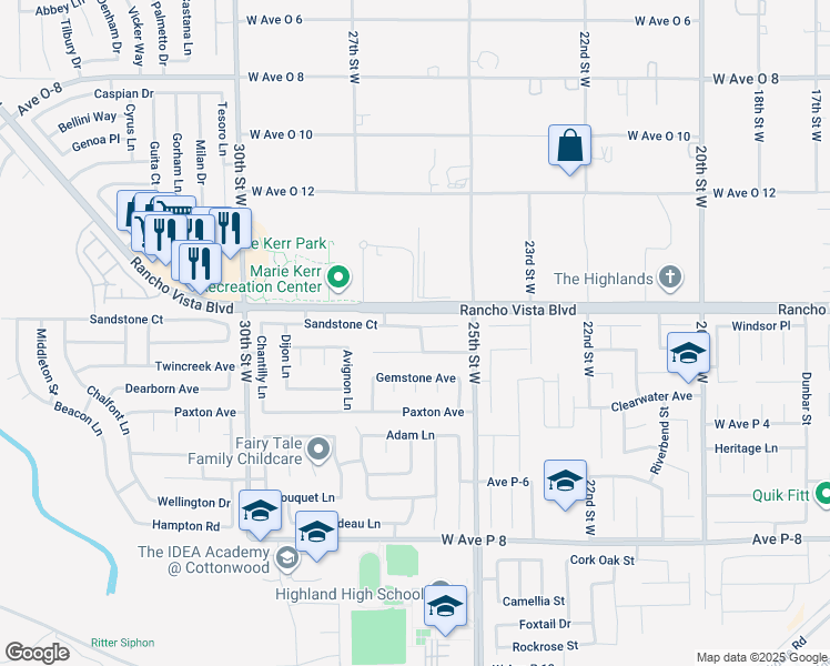 map of restaurants, bars, coffee shops, grocery stores, and more near 2604 Sandstone Court in Palmdale