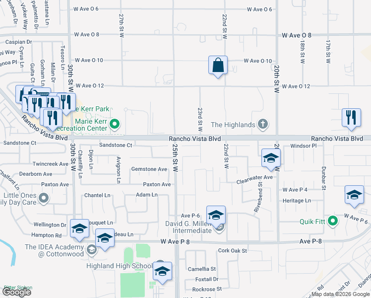 map of restaurants, bars, coffee shops, grocery stores, and more near 2334 Sandstone Court in Palmdale
