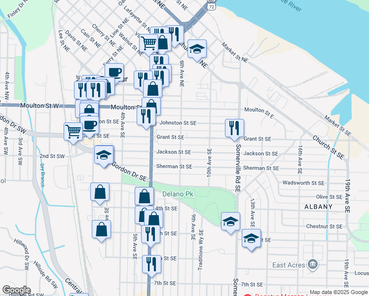 map of restaurants, bars, coffee shops, grocery stores, and more near 801 Jackson Street Southeast in Decatur