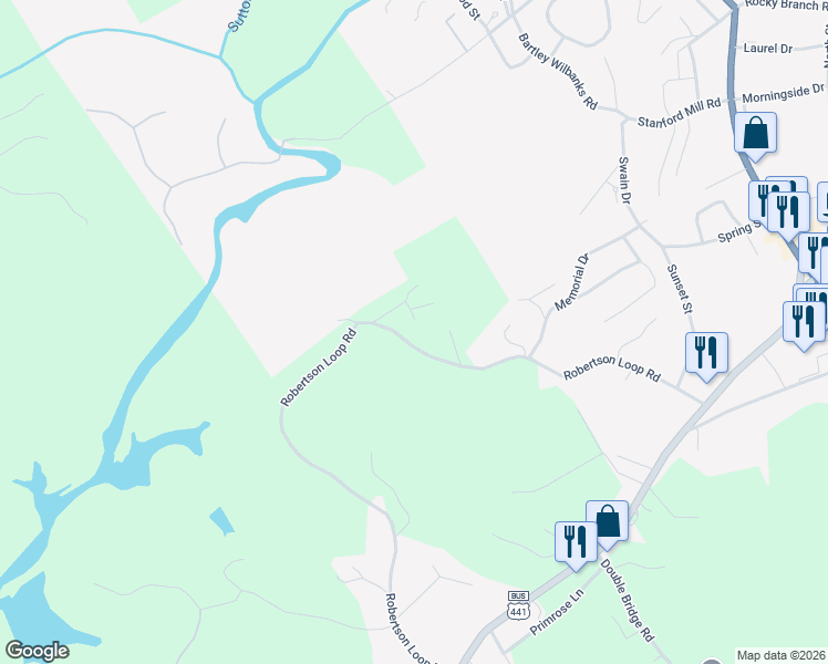map of restaurants, bars, coffee shops, grocery stores, and more near 1255 Robertson Loop Road in Clarkesville