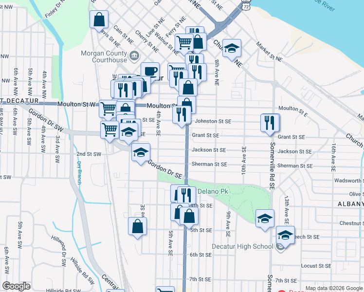 map of restaurants, bars, coffee shops, grocery stores, and more near 451 Jackson Street Southeast in Decatur