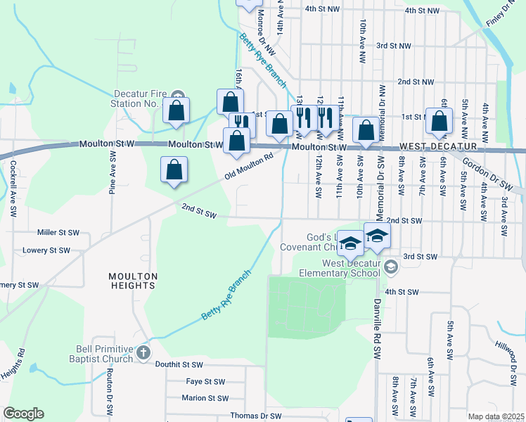 map of restaurants, bars, coffee shops, grocery stores, and more near 1227 2nd Street Southwest in Decatur