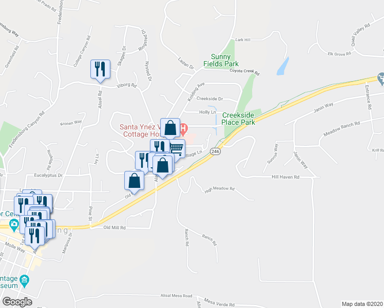 map of restaurants, bars, coffee shops, grocery stores, and more near 2073 Village Lane in Solvang