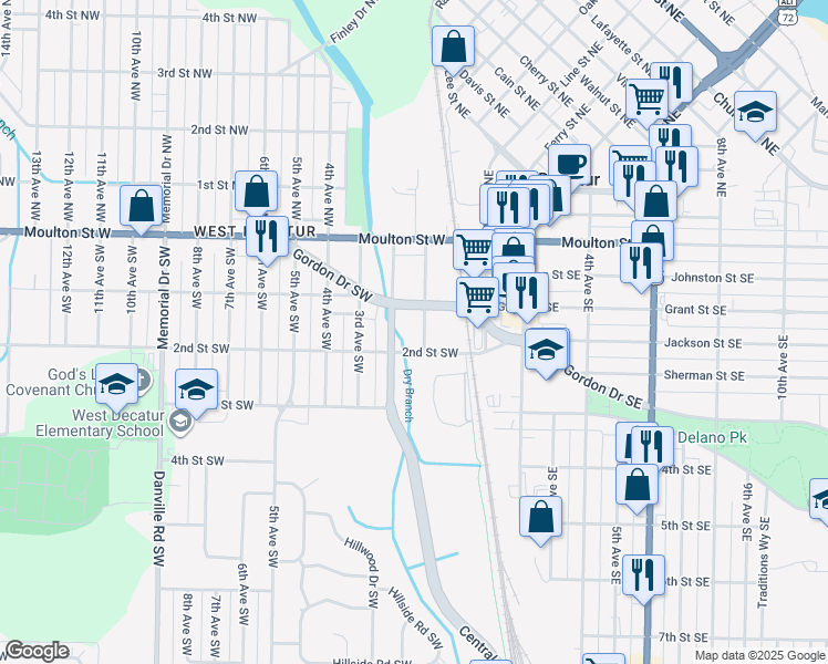 map of restaurants, bars, coffee shops, grocery stores, and more near 14 1st Avenue Southwest in Decatur