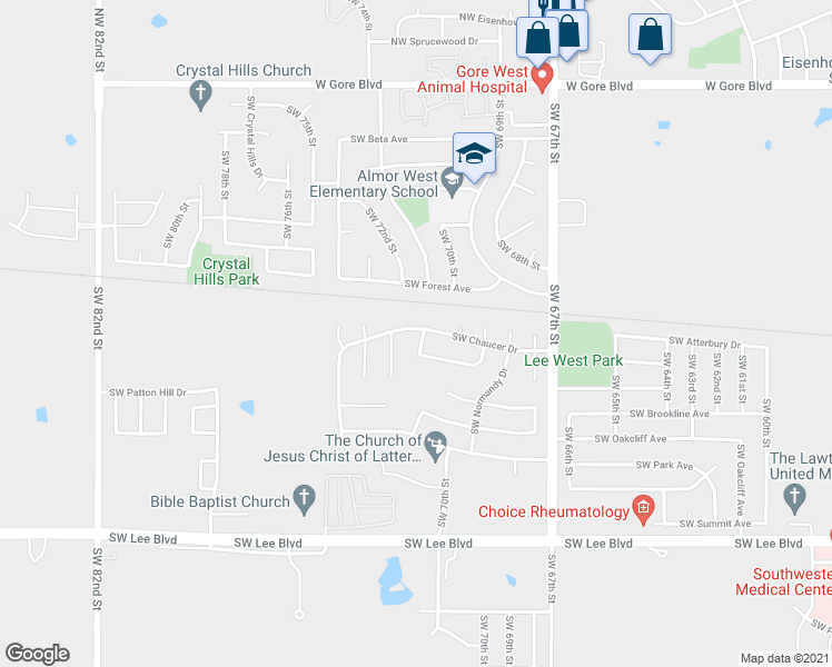 map of restaurants, bars, coffee shops, grocery stores, and more near 7042 Southwest Winchester Avenue in Lawton