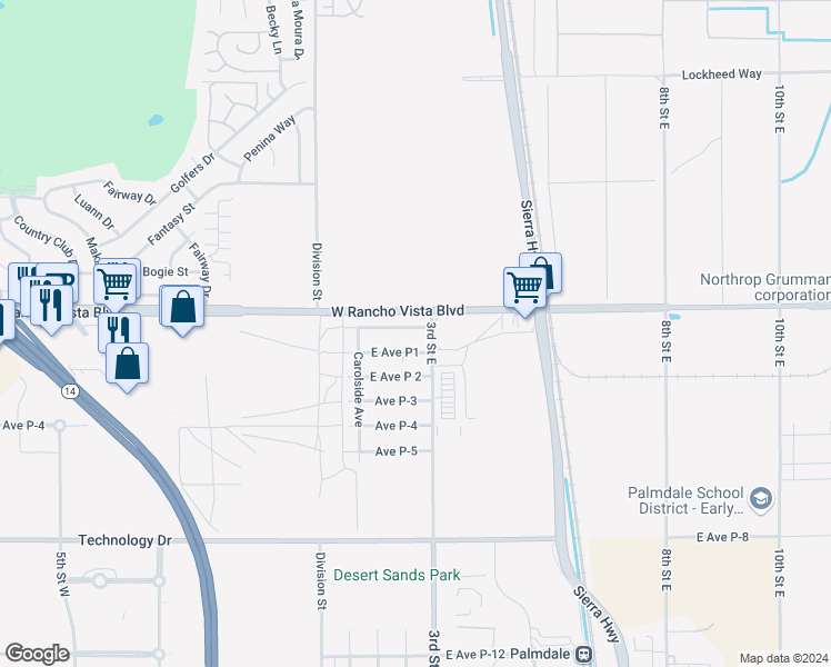 map of restaurants, bars, coffee shops, grocery stores, and more near 262 Pictorial Street in Palmdale