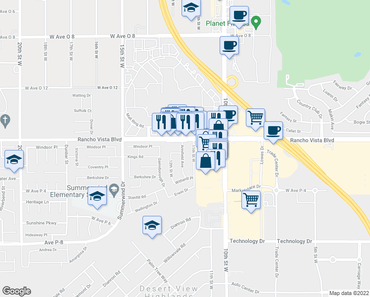 map of restaurants, bars, coffee shops, grocery stores, and more near 39566 Armfield Avenue in Palmdale