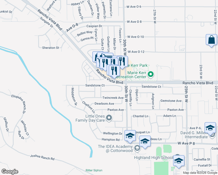 map of restaurants, bars, coffee shops, grocery stores, and more near 3058 Willowbrook Avenue in Palmdale
