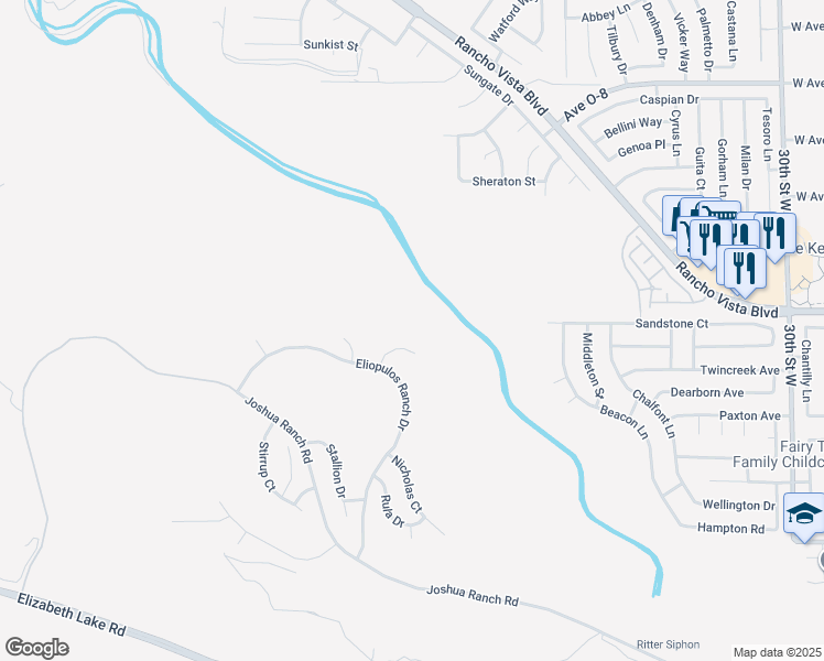 map of restaurants, bars, coffee shops, grocery stores, and more near 39625 Yianni Court in Palmdale