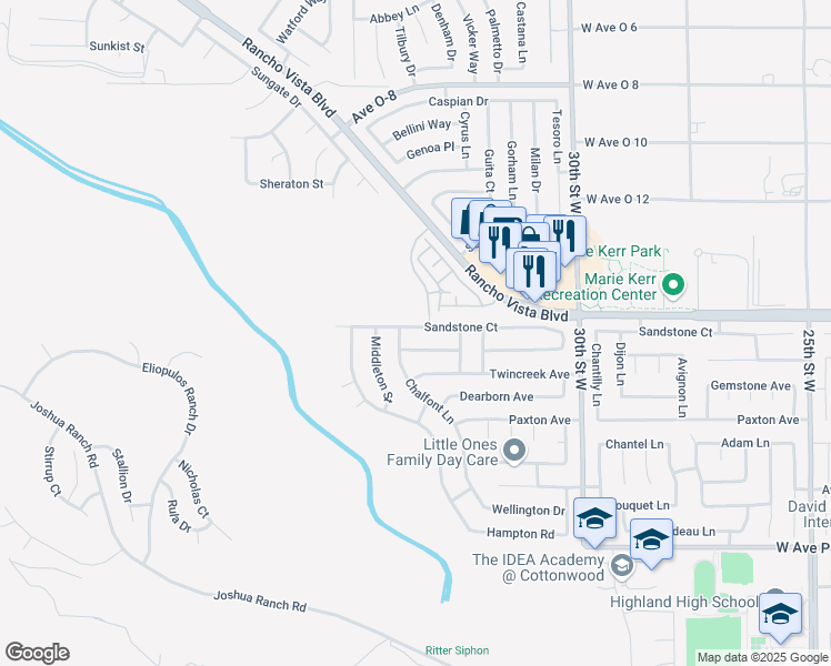 map of restaurants, bars, coffee shops, grocery stores, and more near 3252 Sandstone Court in Palmdale