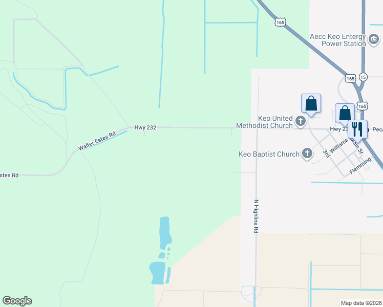map of restaurants, bars, coffee shops, grocery stores, and more near 1213 Highway 232 in Keo