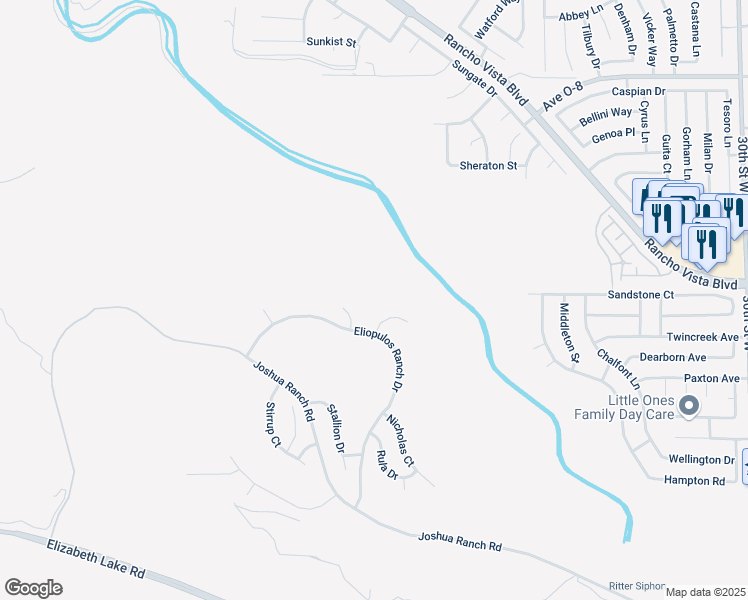 map of restaurants, bars, coffee shops, grocery stores, and more near Yianni Court in Palmdale