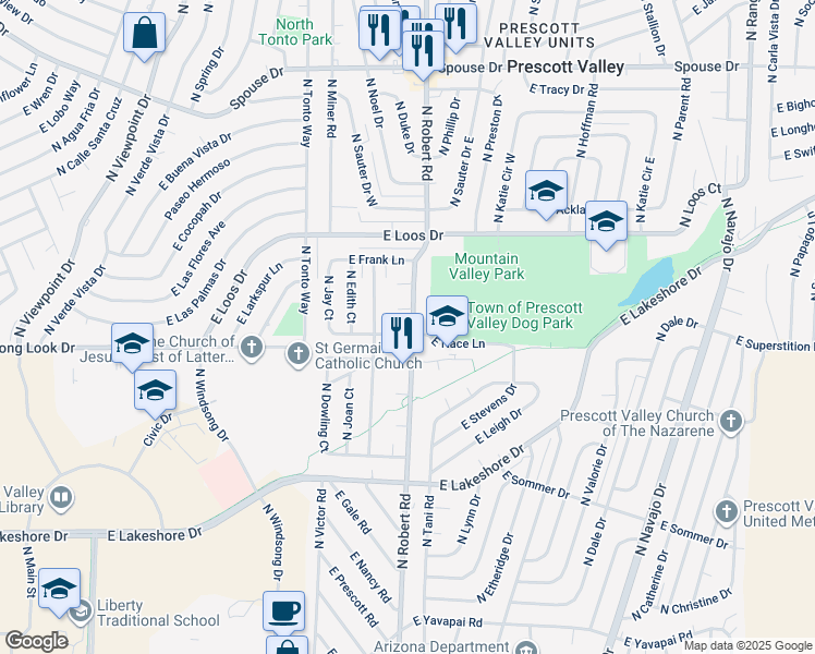 map of restaurants, bars, coffee shops, grocery stores, and more near 8200 East Dana Drive in Prescott Valley